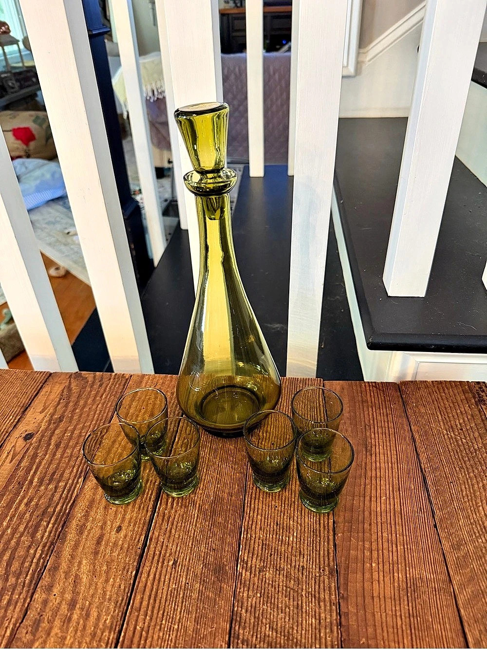 Vintage MCM BOHO green glass decanter w/ stopper and (6) cordial/shot glass set
